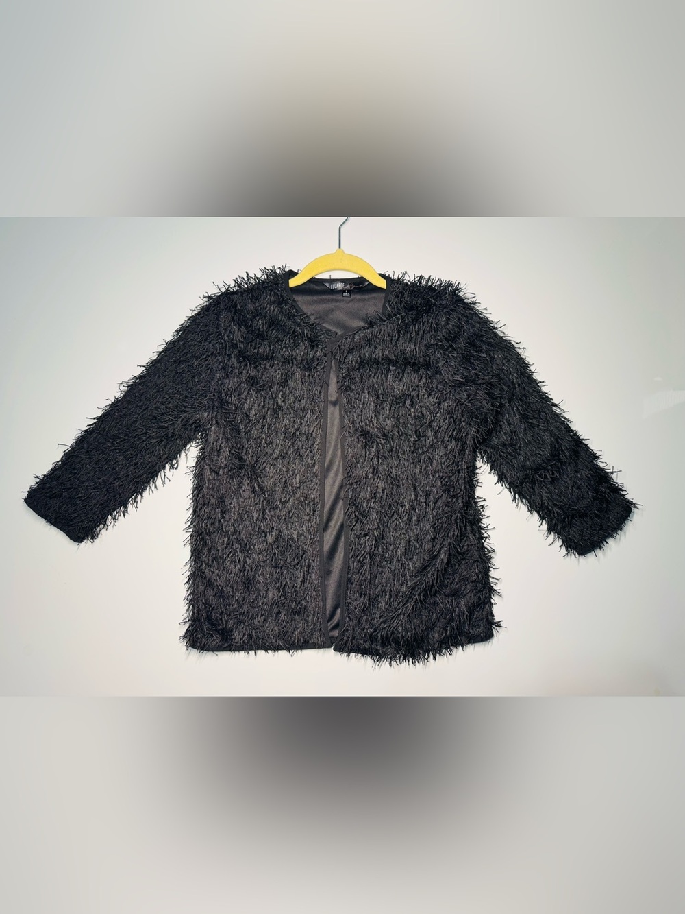 LuLaRoe Elegant Black Shag Fringe Open Cardigan Jacket SM Boho Glam 3/4 Sleeves